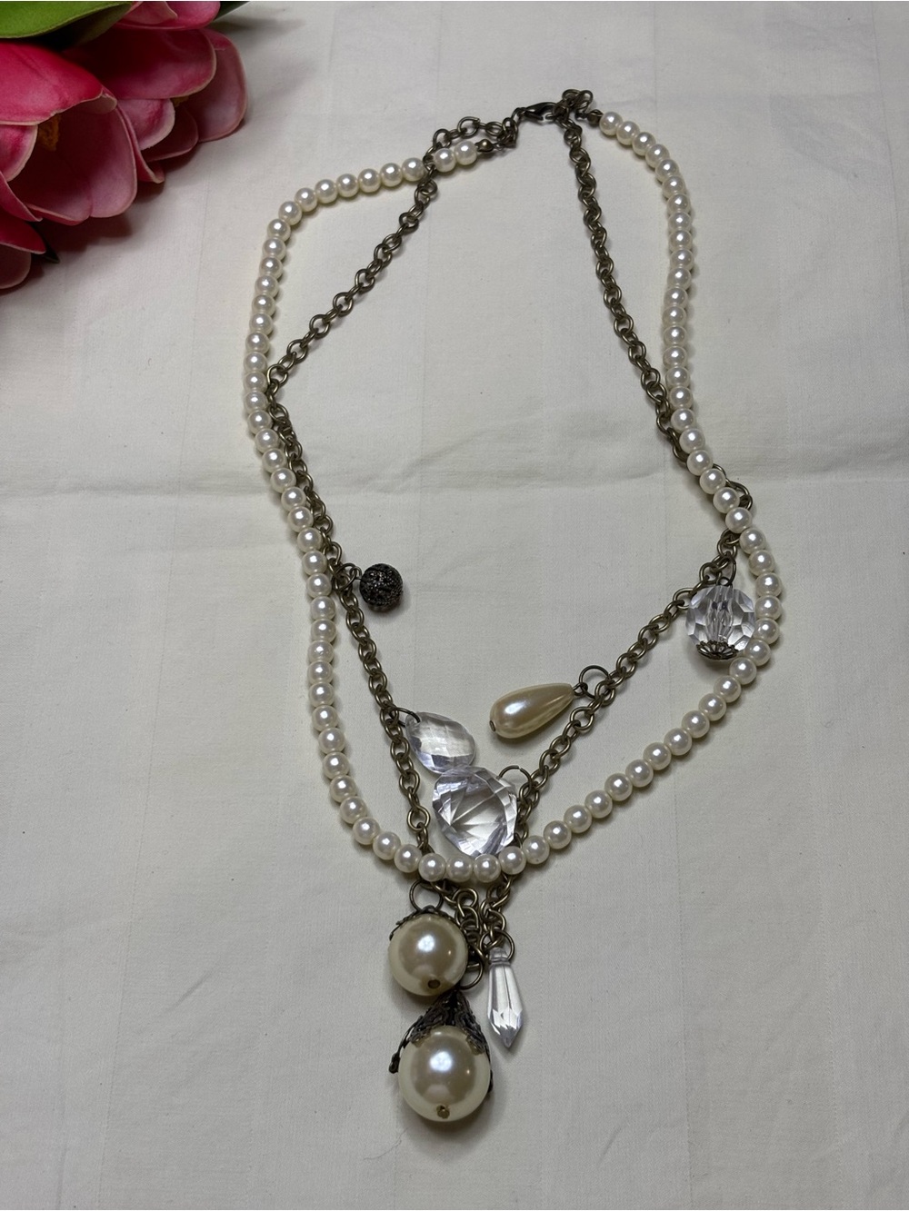 Vintage Style Faux Pearl & Crystal Layered Charm Necklace -
Antique Brass Tone